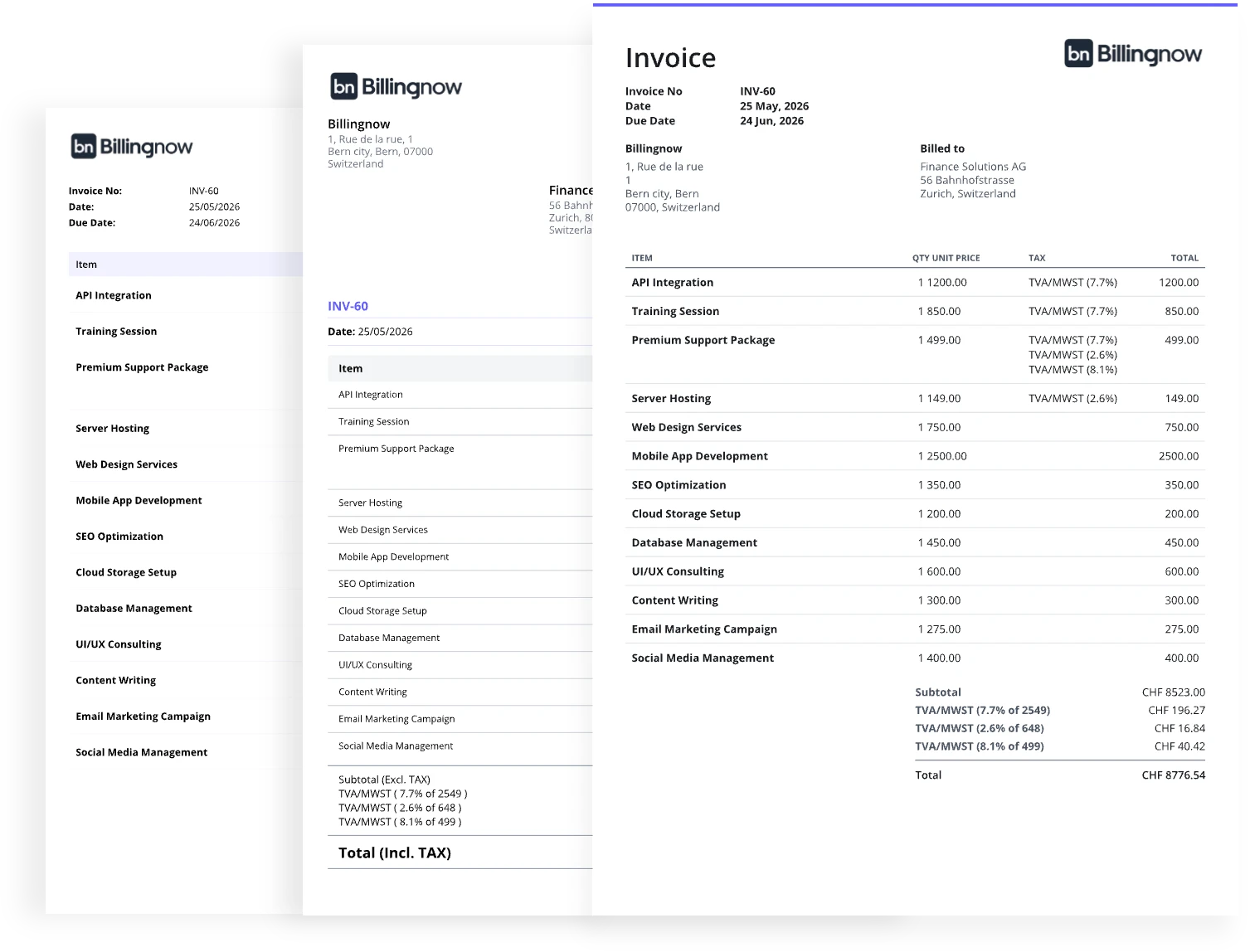 Invoice template styles: Default, Classic, and Modern